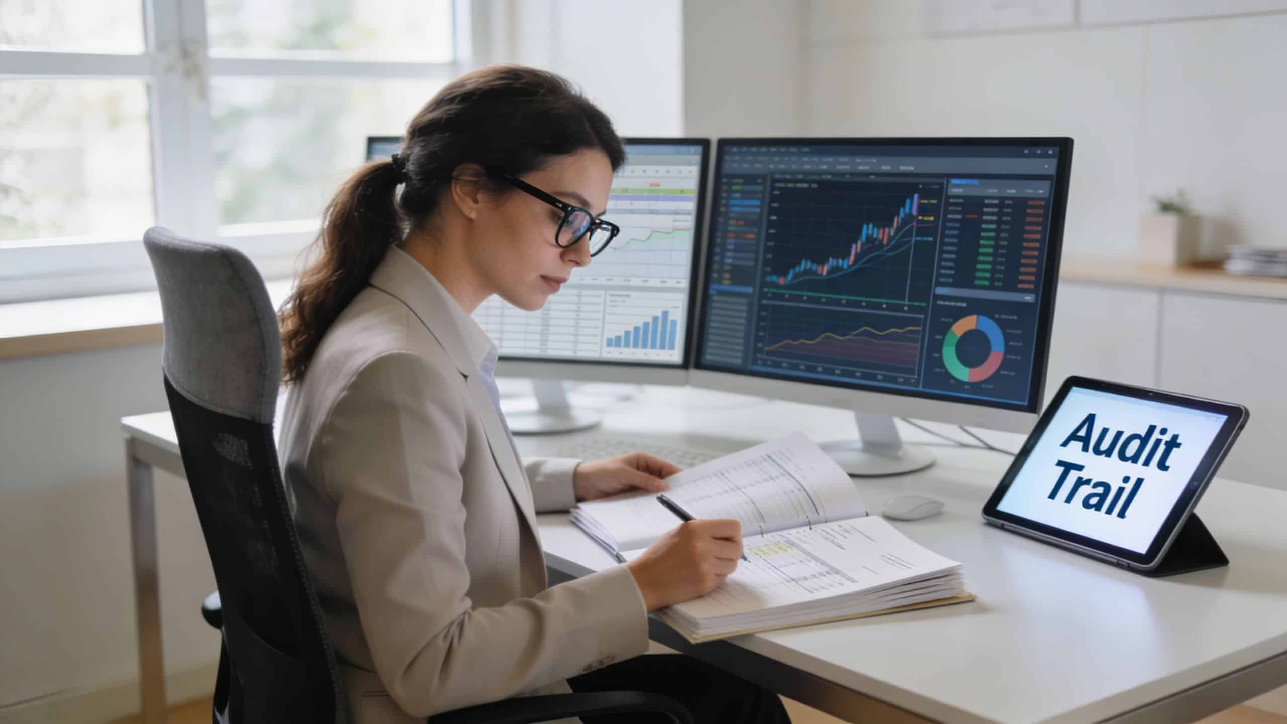 A professional woman in a beige blazer reviews documents while working at her desk with multiple monitors.
