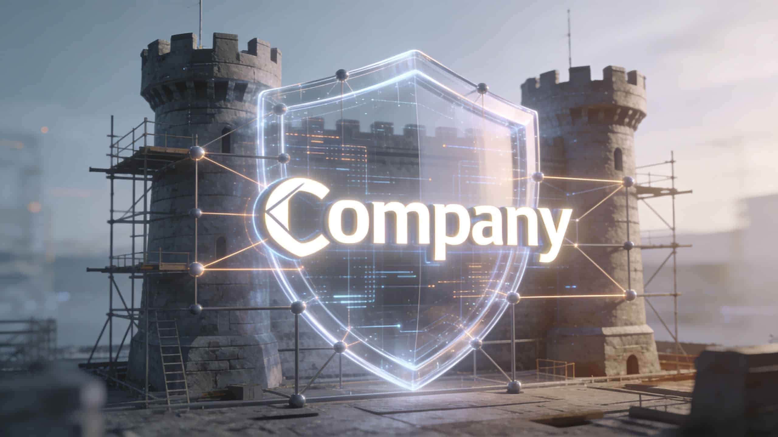 A digital shield symbol protecting a text label in front of two stone towers under construction.