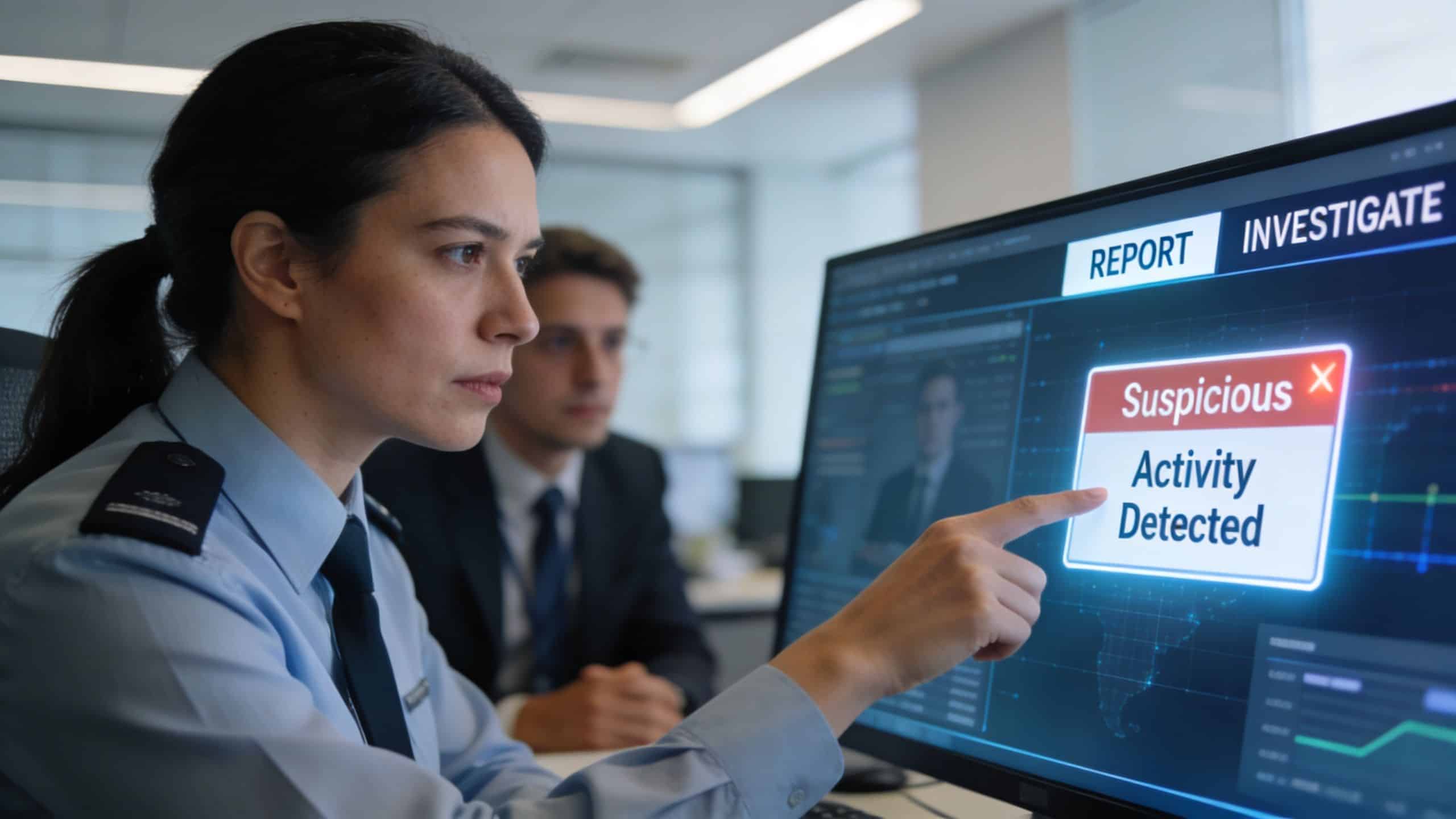 A professional security officer points to a suspicious activity alert on a computer monitor in an office.
