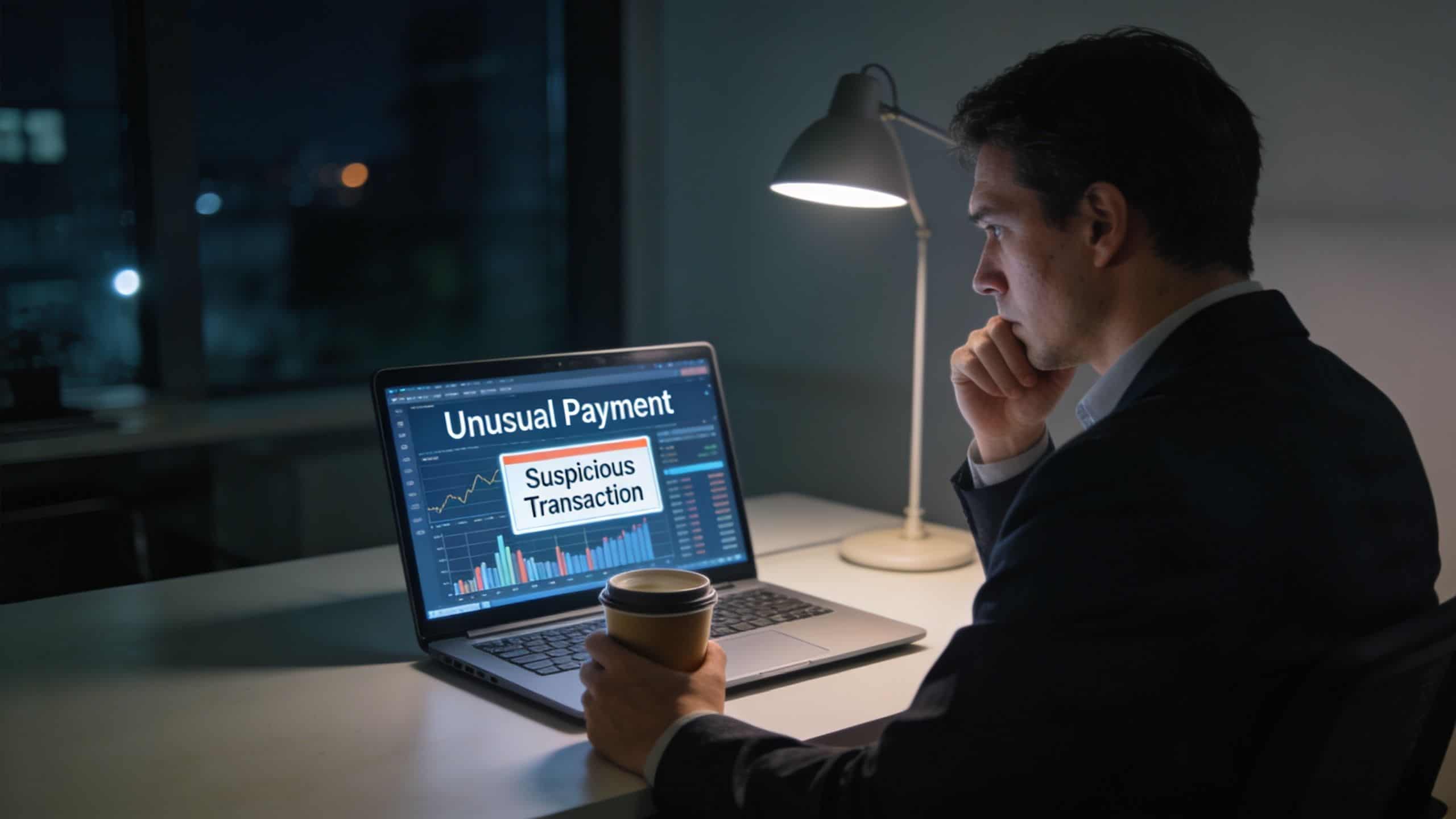 A concerned businessman looking at a laptop screen displaying a suspicious transaction warning in a dimly lit office.