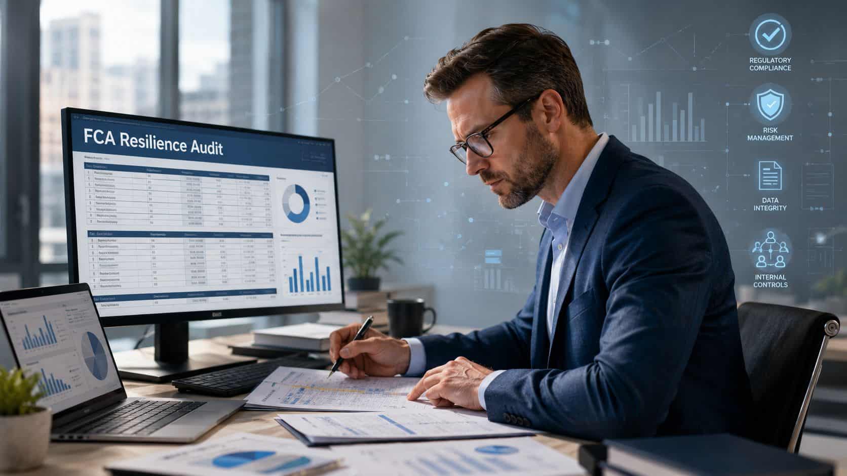 A professional man reviewing financial documents at a desk with an FCA Resilience Audit dashboard on screen.