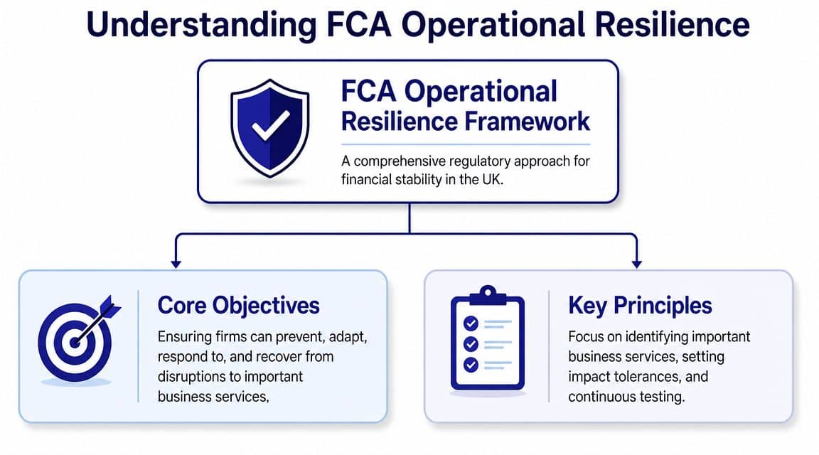 A diagram illustrating the FCA operational resilience framework, covering core objectives and key principles for financial stability.