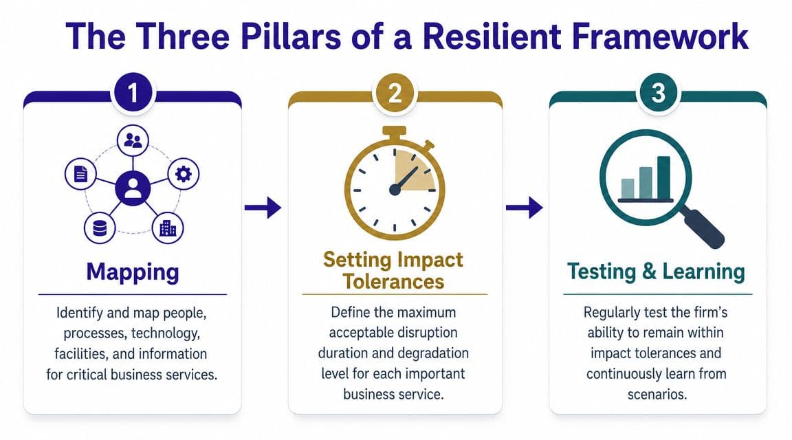 A diagram illustrating the three pillars of a resilient framework: Mapping, Setting Impact Tolerances, and Testing & Learning.