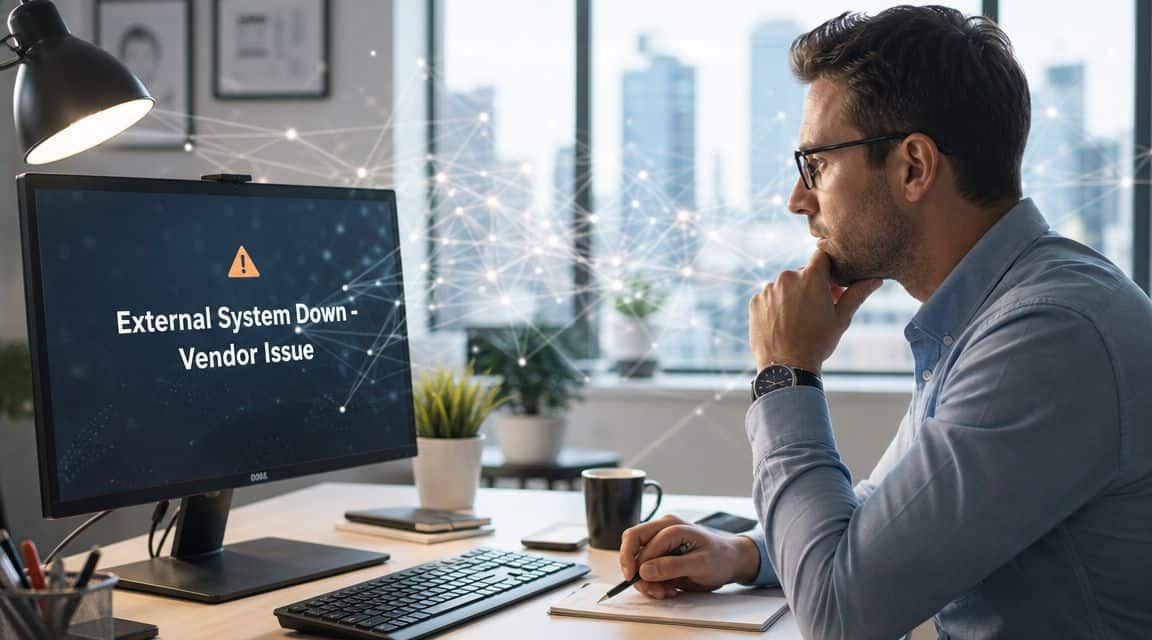 A professional man sits at his desk looking at a computer screen showing a system error message.