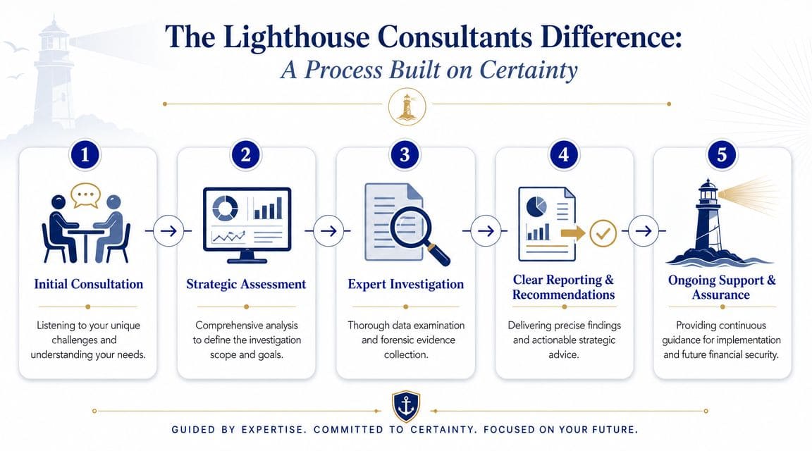 A five-step process infographic illustrating Lighthouse Consultants' approach to financial consulting services and client support.