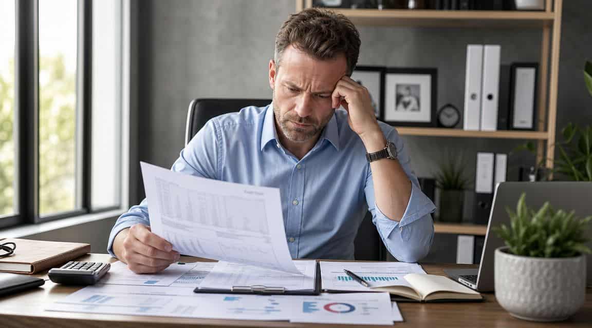 A concerned professional man in a blue shirt reviewing financial documents at his office desk.