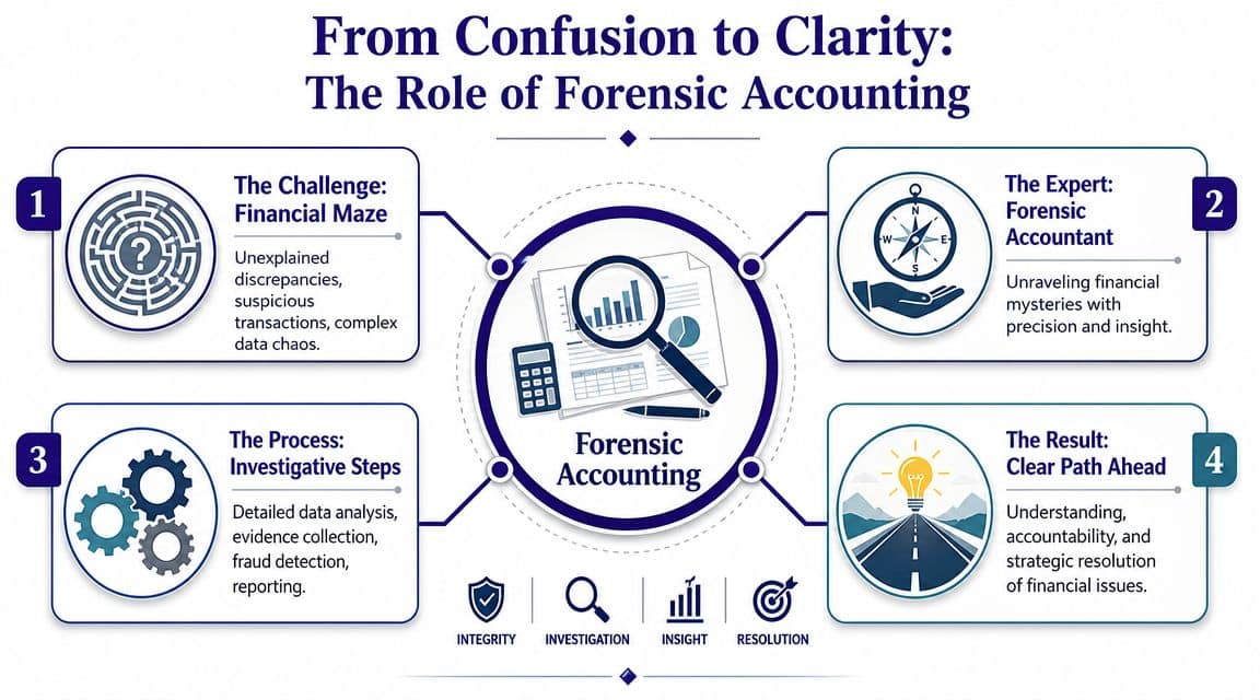 An infographic detailing the four steps of the forensic accounting process from financial confusion to resolution.