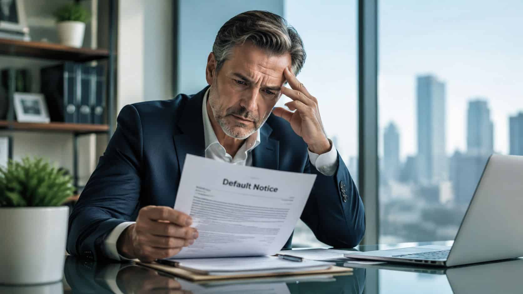 A concerned middle-aged businessman in a suit reviewing a default notice document in an office setting.
