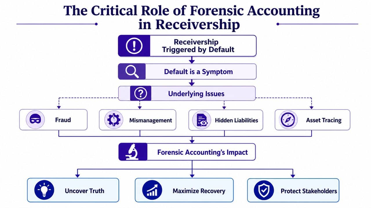 A diagram illustrating how forensic accounting investigates underlying issues like fraud and mismanagement during business receivership processes.