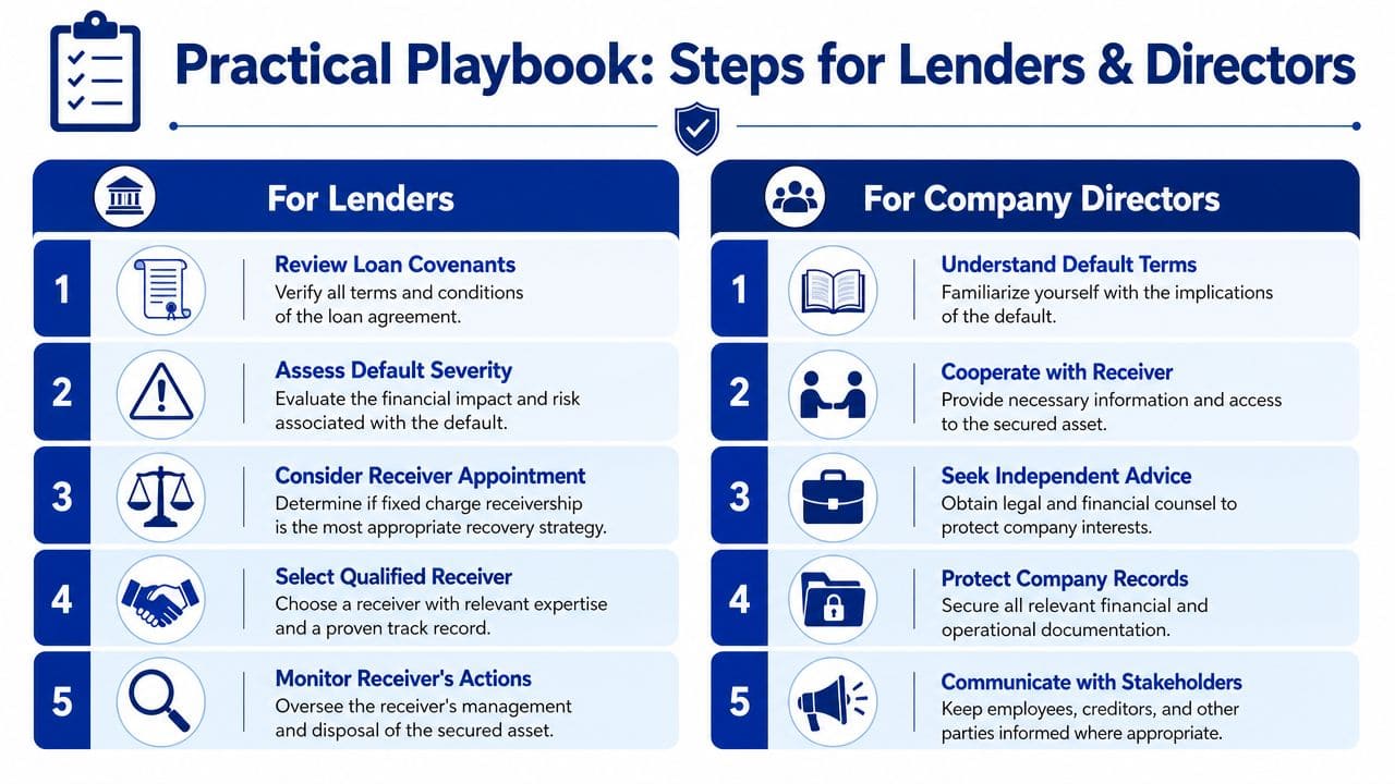 A practical playbook infographic outlining five steps for both lenders and company directors during a default scenario.