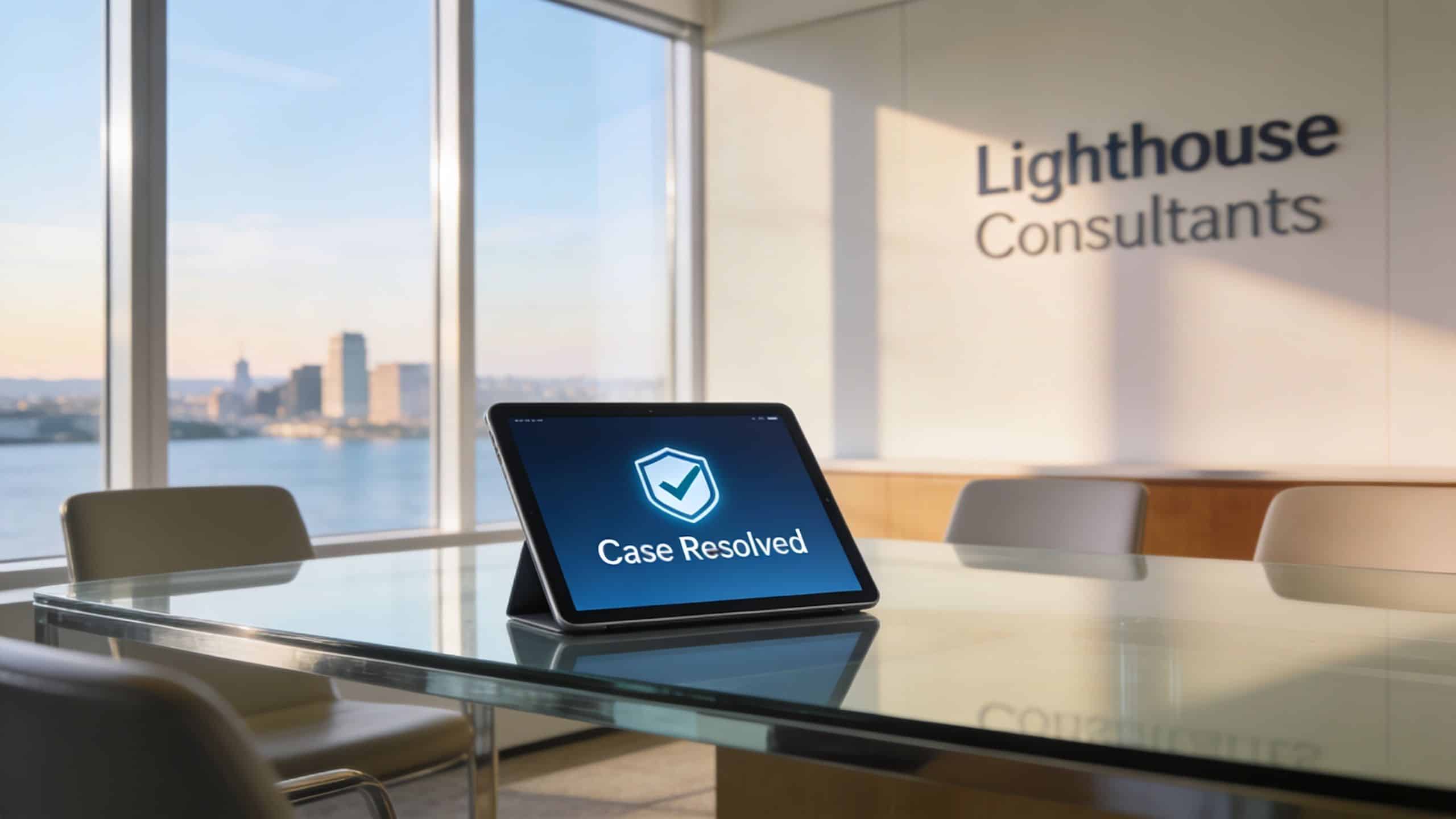 A tablet on a boardroom table displaying a Case Resolved shield icon with a cityscape view.
