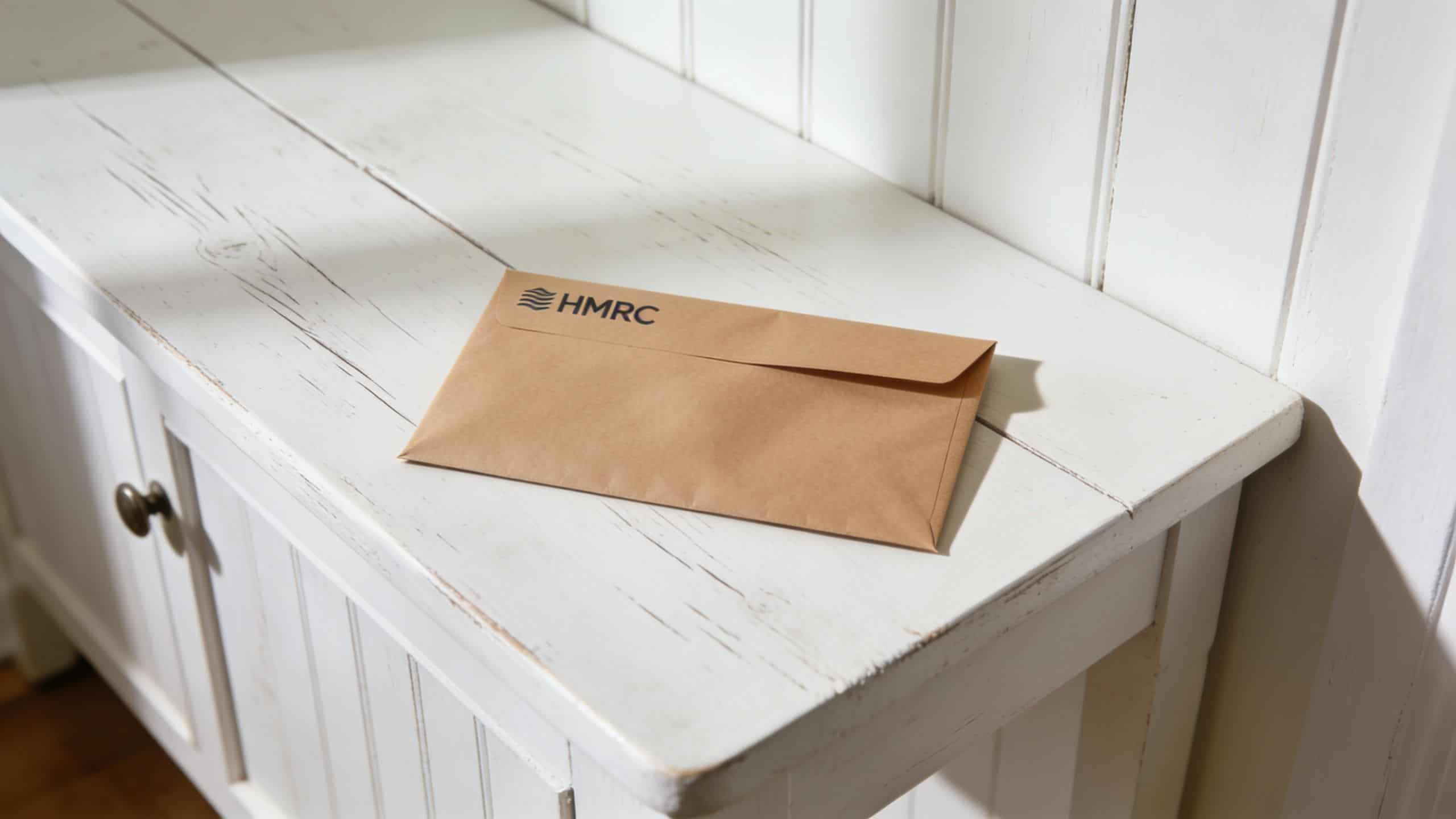 A brown envelope with the HMRC logo placed on a white wooden bench in a bright room.