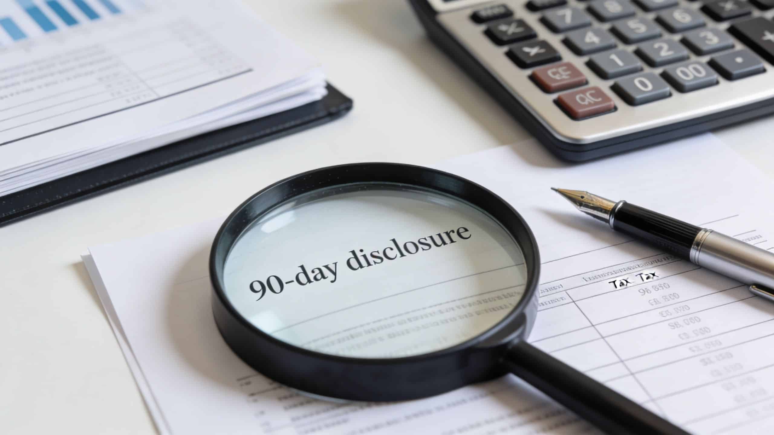 A magnifying glass resting on a document labeled 90-day disclosure with a calculator and pen nearby.