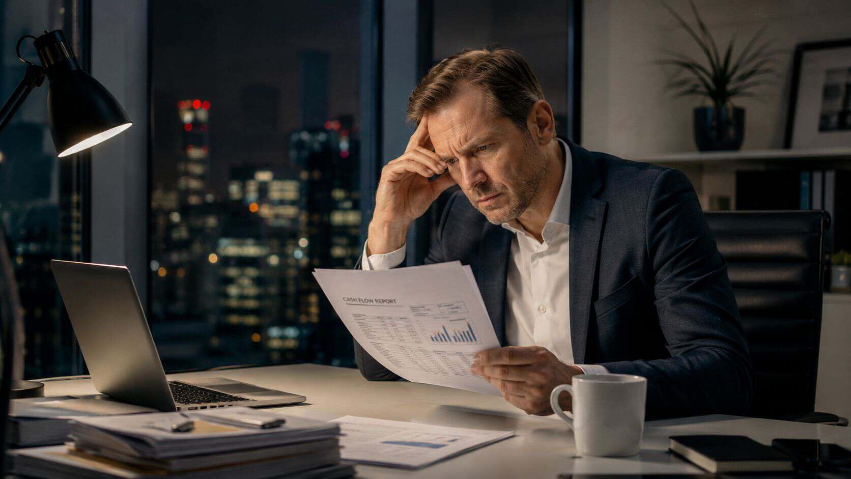 A concerned businessman analyzing a cash flow report while working late at his office desk.