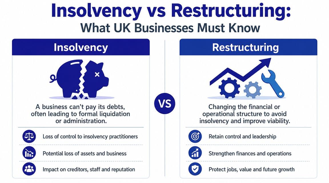 An infographic comparing business insolvency and restructuring concepts for UK companies to understand their differences and implications.