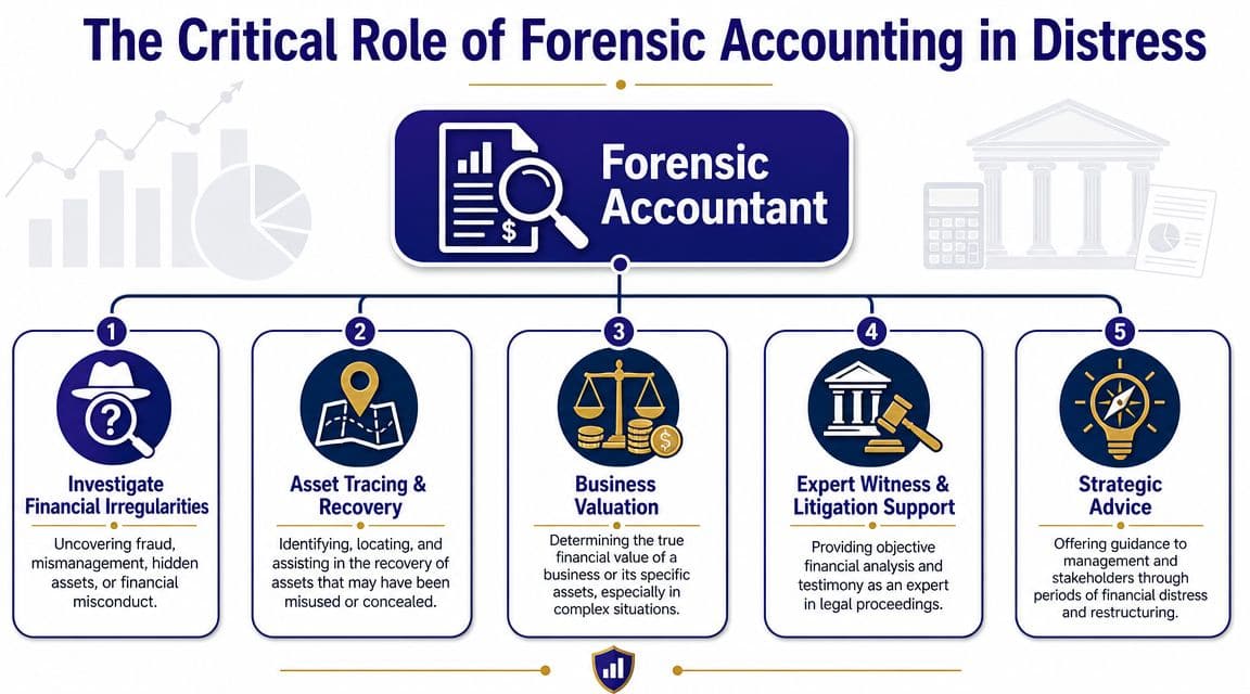 A diagram illustrating the five key roles of a forensic accountant during financial distress and corporate restructuring.