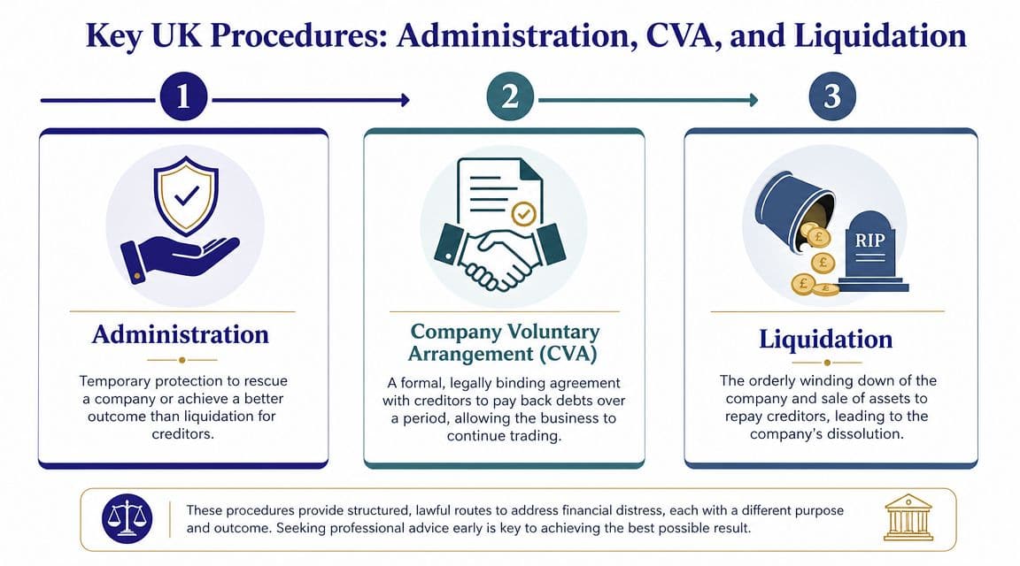 A diagram illustrating the three main UK insolvency procedures: Administration, Company Voluntary Arrangement, and Liquidation.