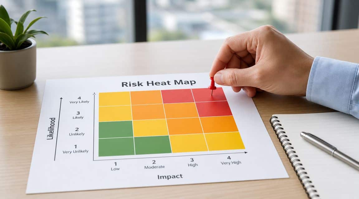 A hand placing a red push pin on a high risk cell of a risk heat map chart.