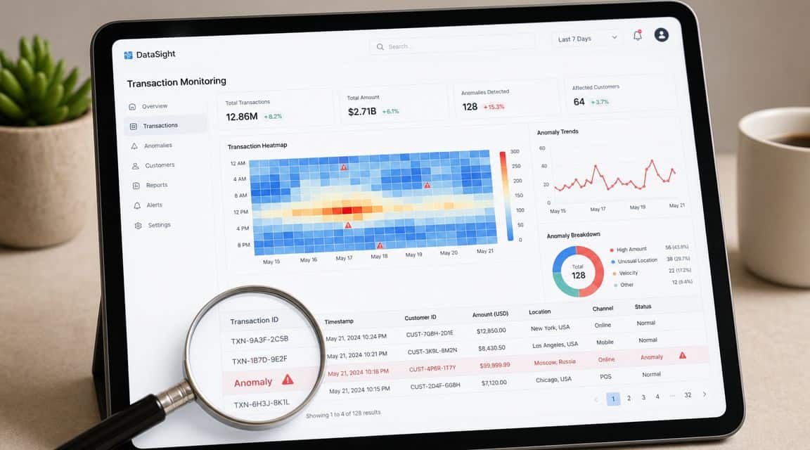 A tablet screen displaying a DataSight transaction monitoring dashboard with analytics charts and a transaction table.