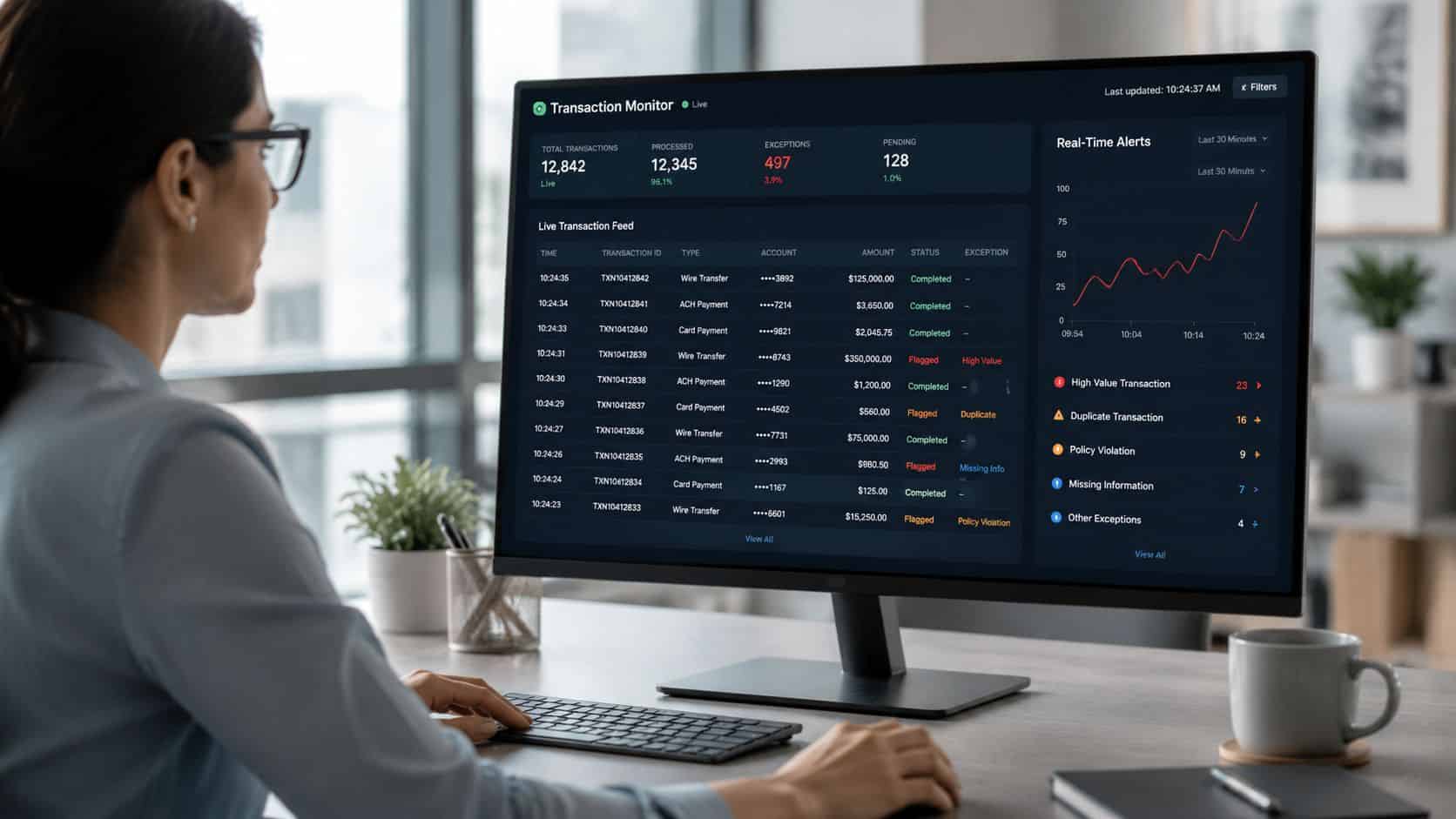 A professional analyzing a transaction monitoring dashboard on a computer screen displaying real-time financial data and alerts.