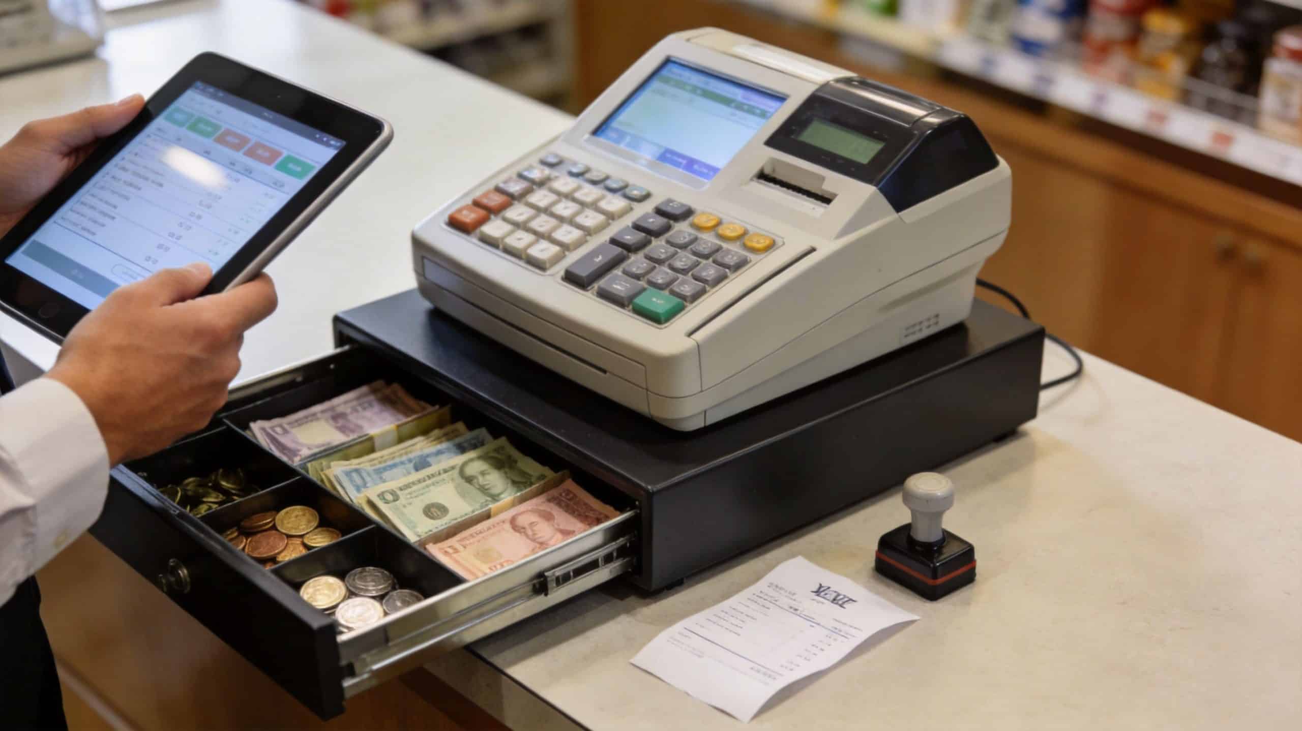 A person holds a tablet while managing a cash register drawer filled with banknotes and coins.