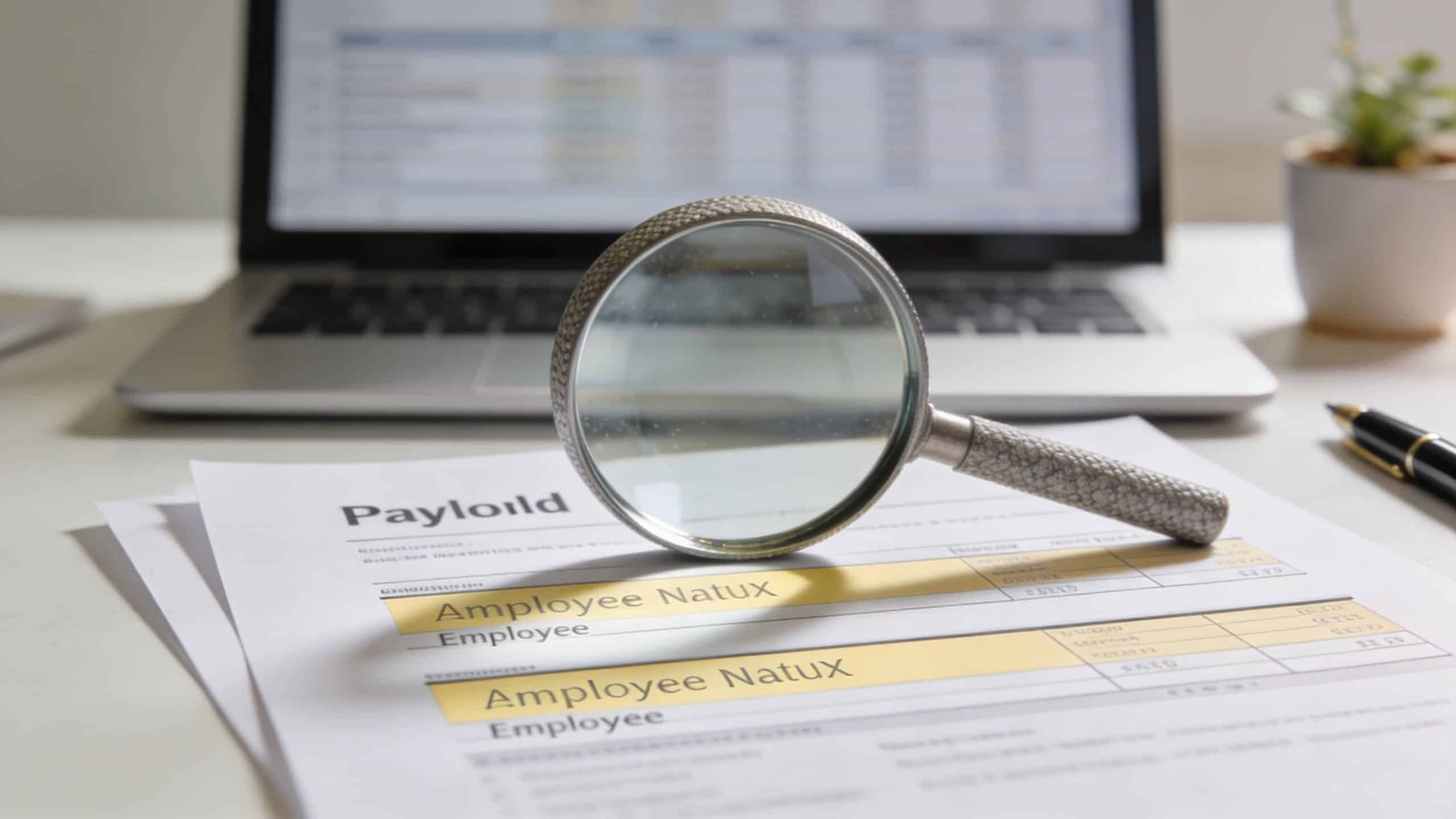A magnifying glass resting on an internal audit report form with an employee information section.