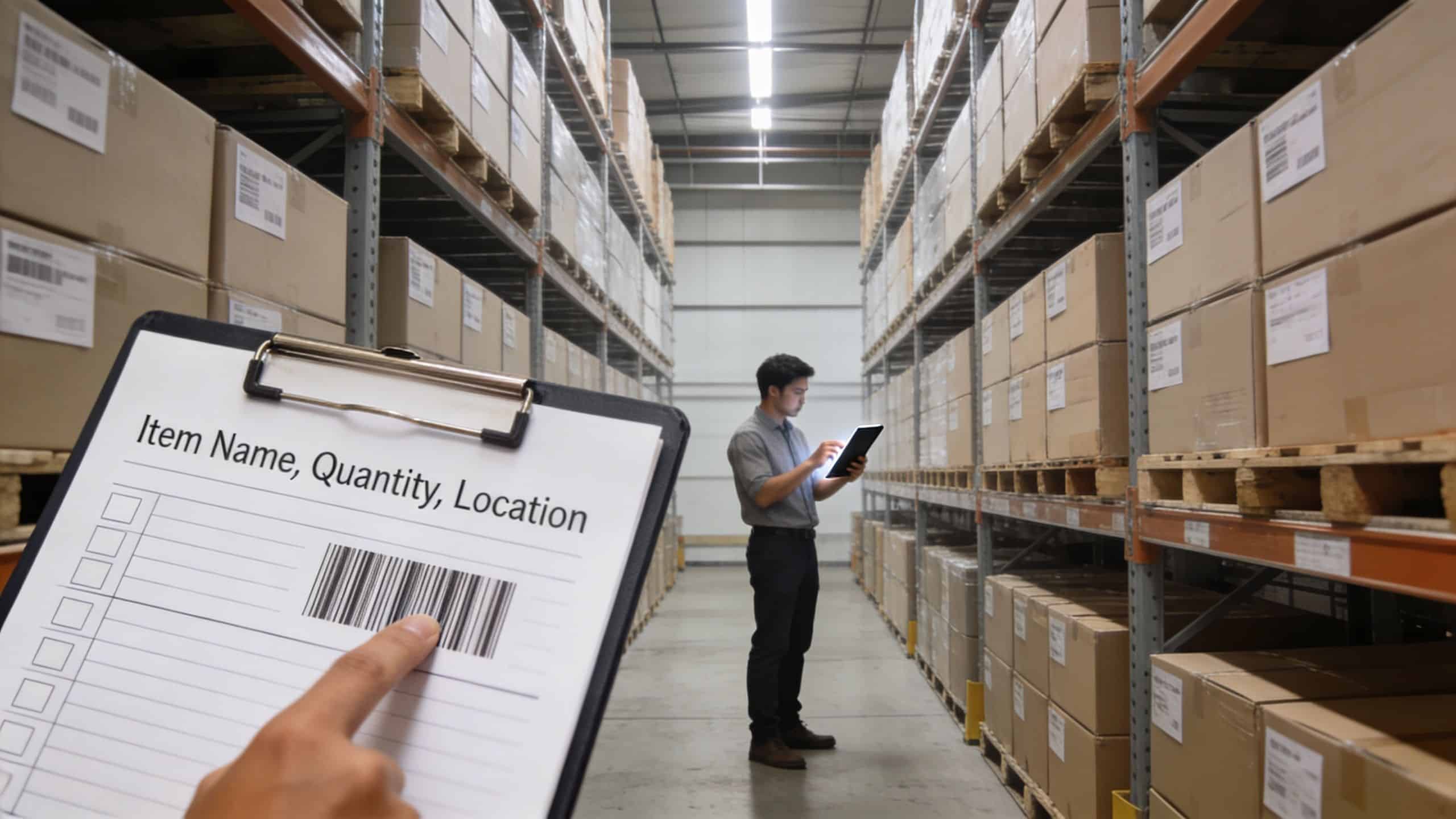 An employee uses a tablet to conduct an inventory check inside a large warehouse filled with stacked boxes.