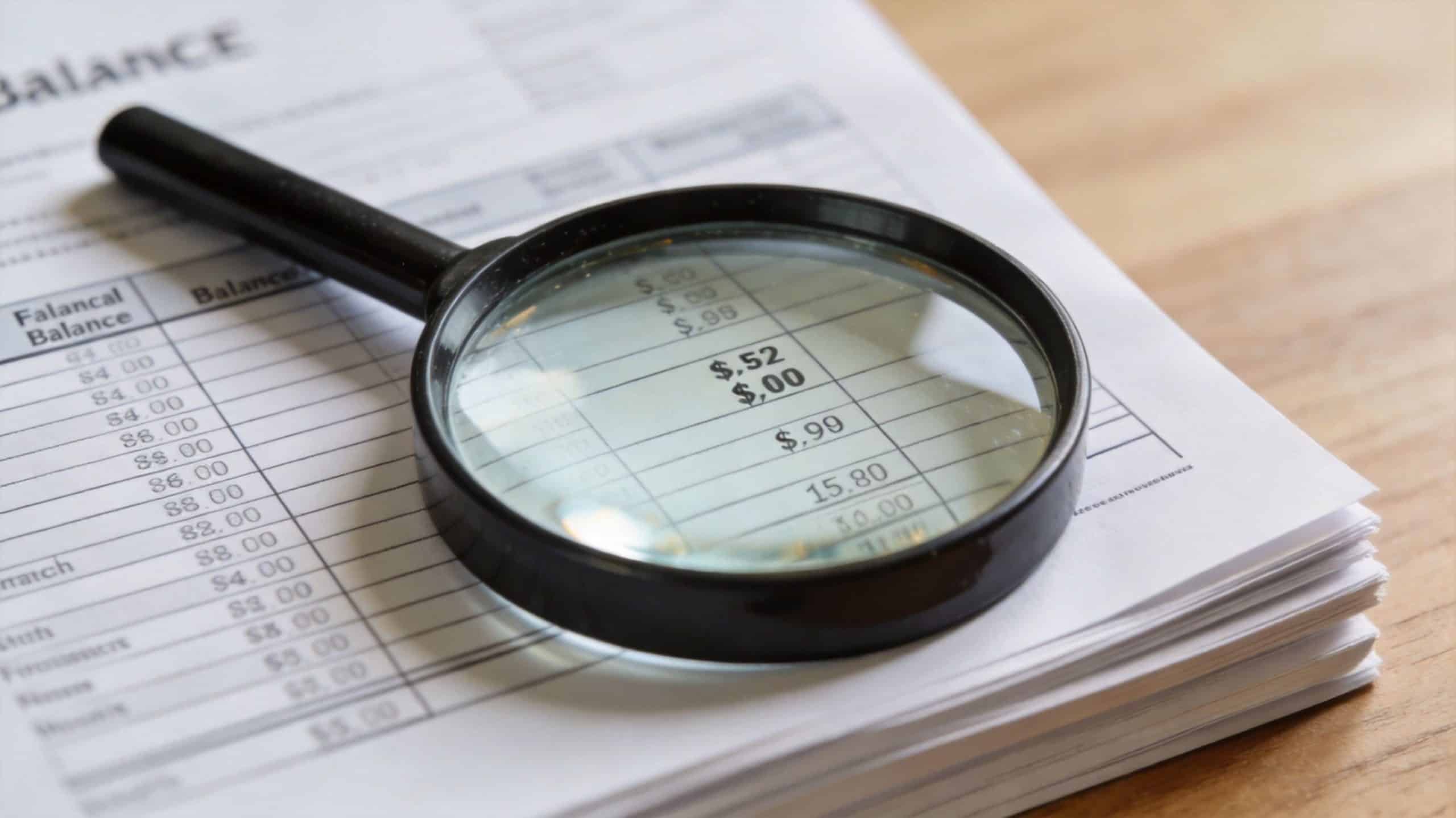 A magnifying glass sits on top of financial balance sheet documents to review expenses.