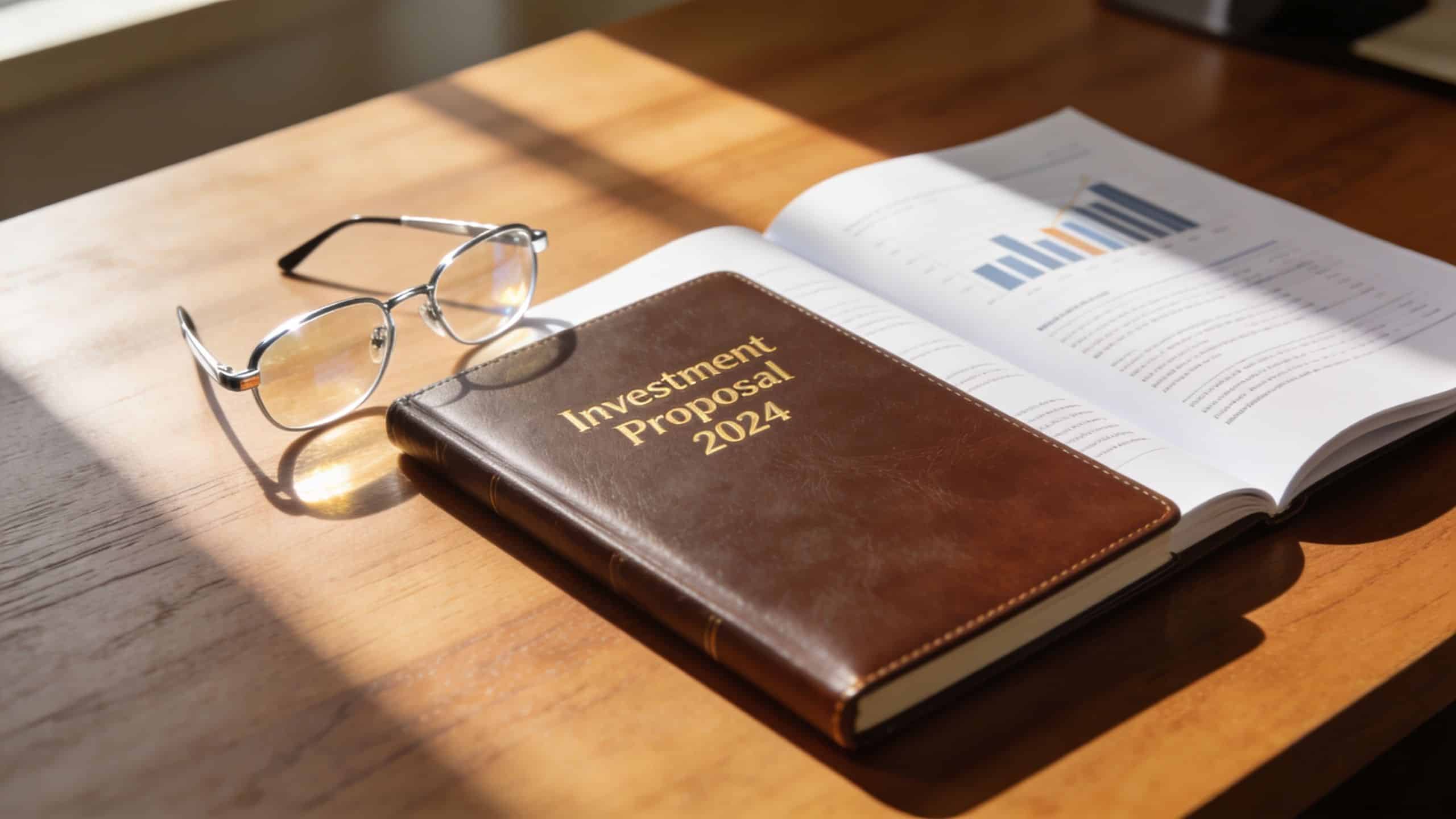 A leather bound Investment Proposal 2024 book placed on a wooden desk next to reading glasses.
