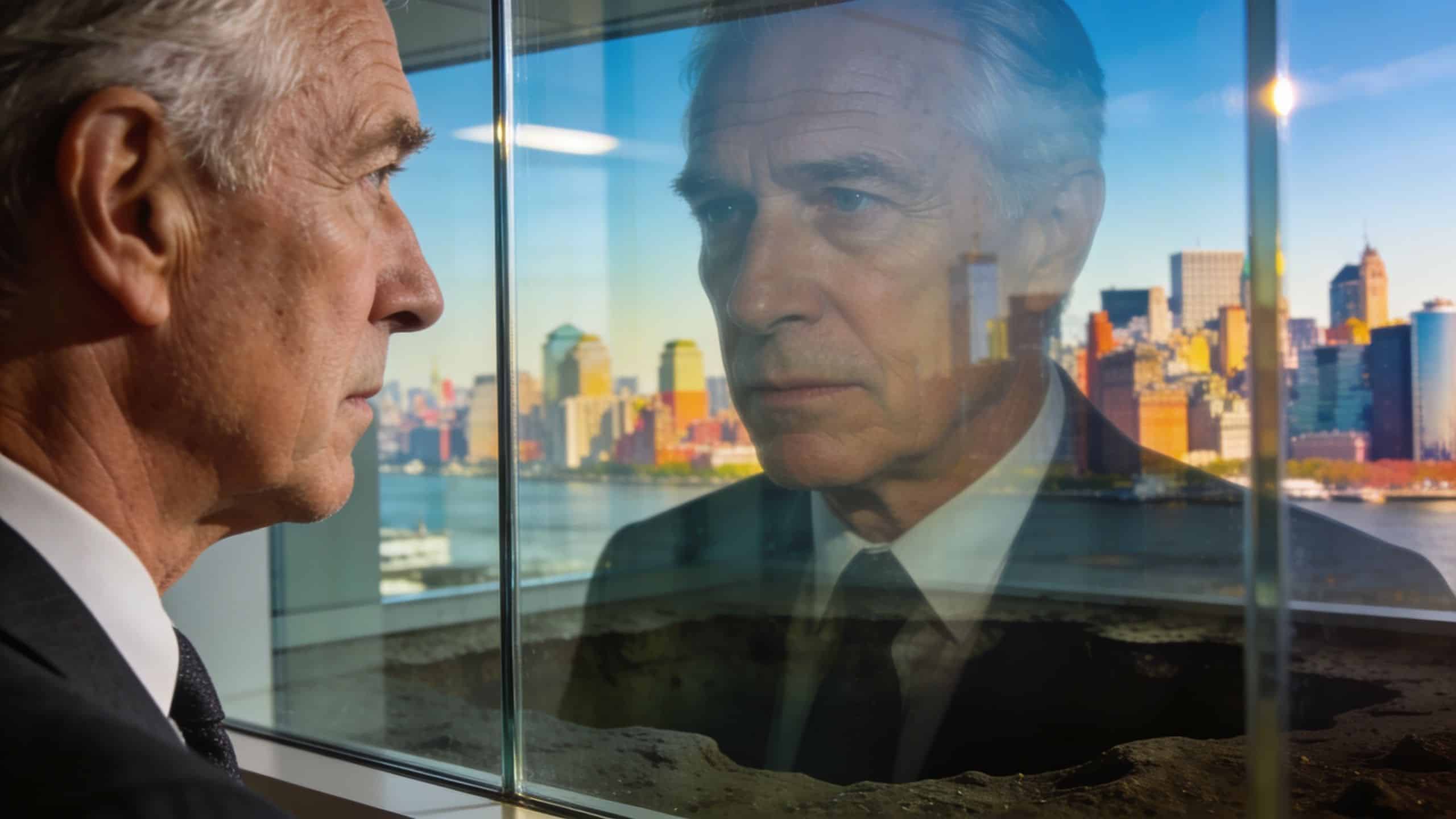An older professional man in a suit looking at his own reflection in a city office window.