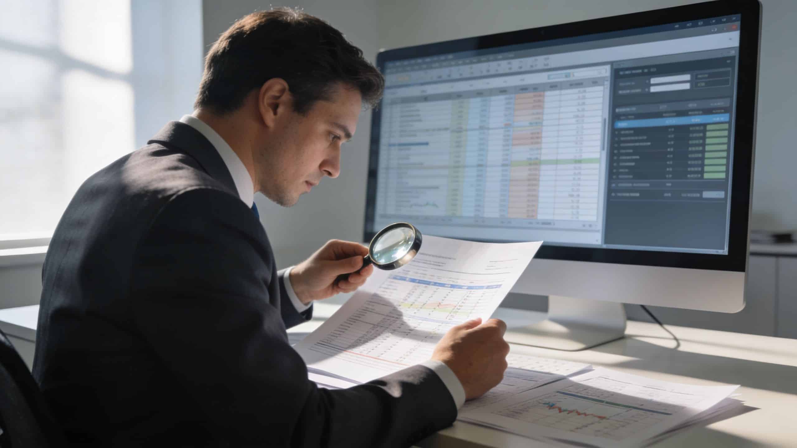 A professional man in a suit examines financial documents with a magnifying glass at his desk.