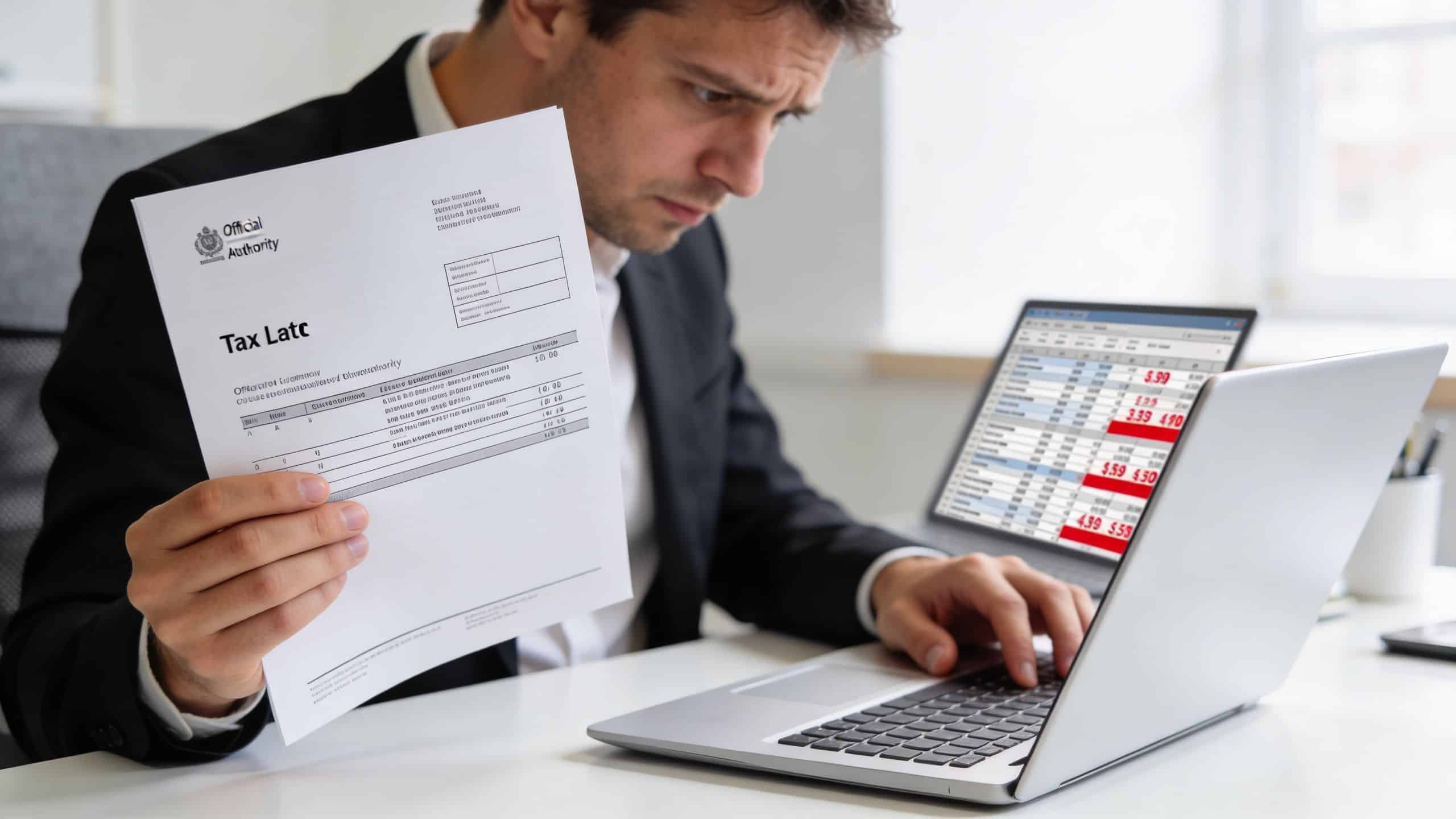 A concerned businessman looking at a Tax Late document while reviewing financial data on his laptop.
