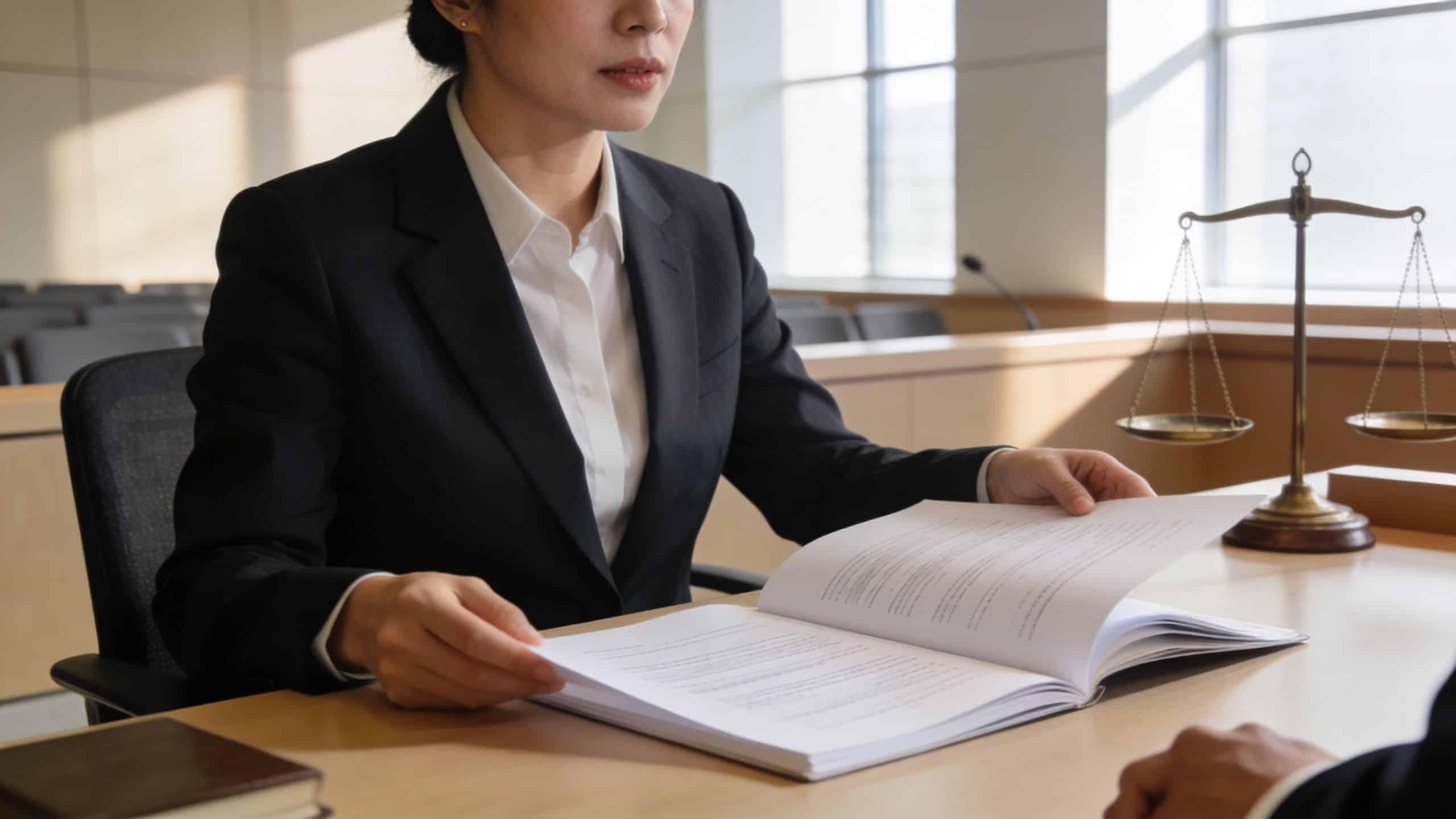 A professional lawyer reviewing legal documents at a desk in a courtroom setting.