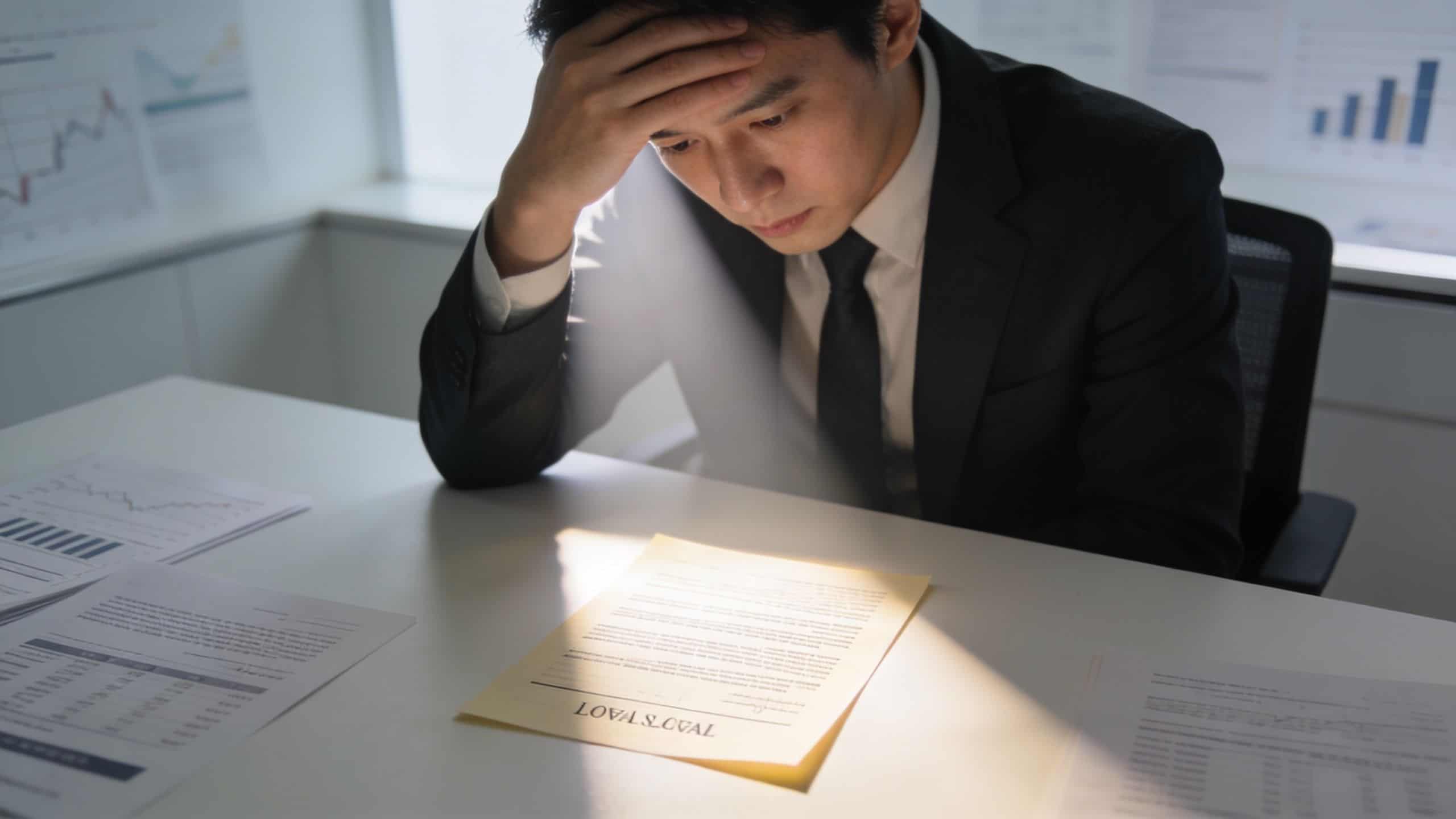 A stressed businessman sitting at his desk looking down at a legal document under bright light.