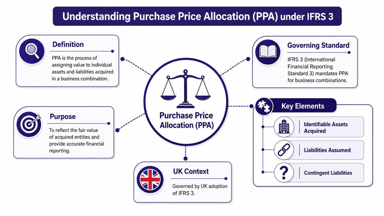 An infographic titled Understanding Purchase Price Allocation (PPA) under IFRS 3, illustrating its definition, purpose, and key elements.