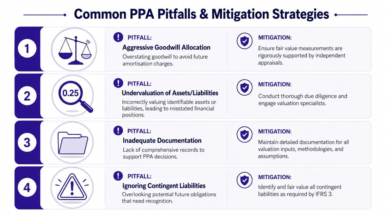 A list of four common purchase price allocation pitfalls and their respective mitigation strategies for financial reporting.