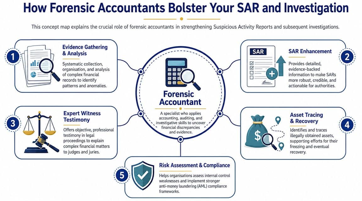 A concept map detailing how forensic accountants strengthen suspicious activity reports and financial investigations through various specialized tasks.