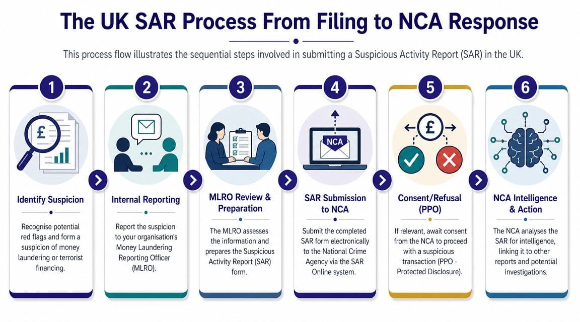 A flow chart illustrating the six-step process for filing a Suspicious Activity Report in the UK.