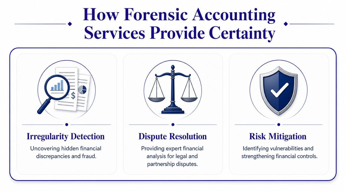 An infographic illustrating how forensic accounting services provide certainty through irregularity detection, dispute resolution, and risk mitigation.