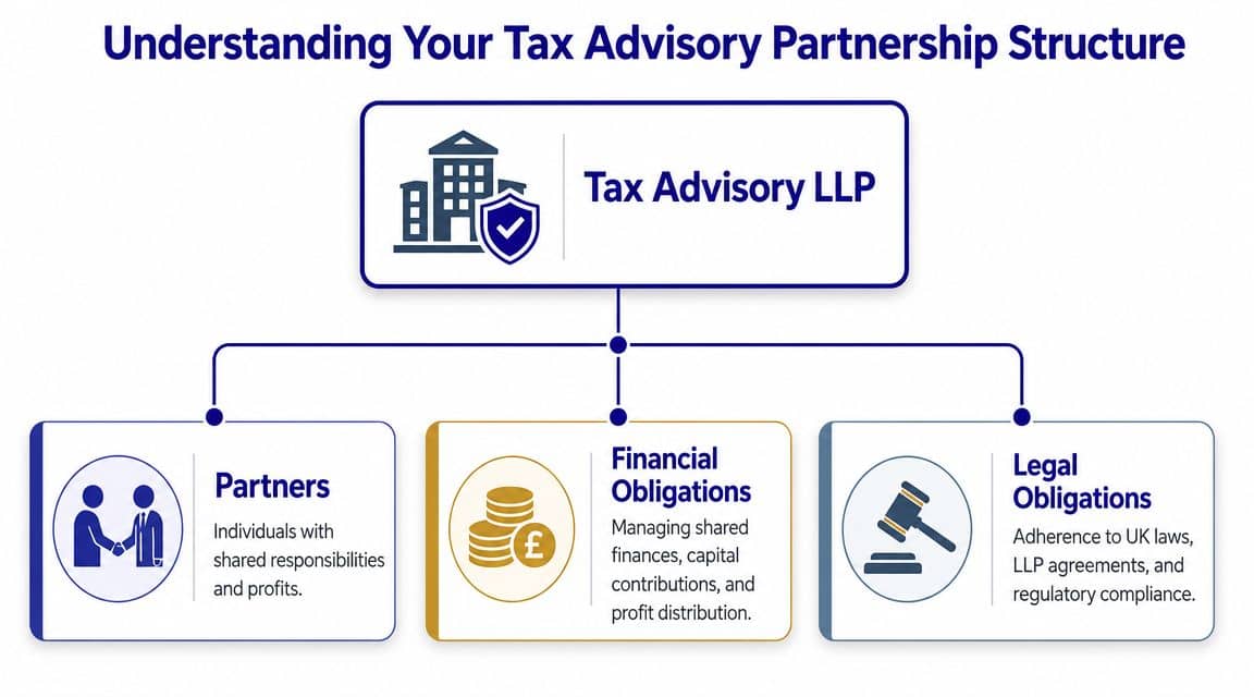A diagram outlining the structure of a UK tax advisory limited liability partnership, illustrating partners, financial, and legal obligations.