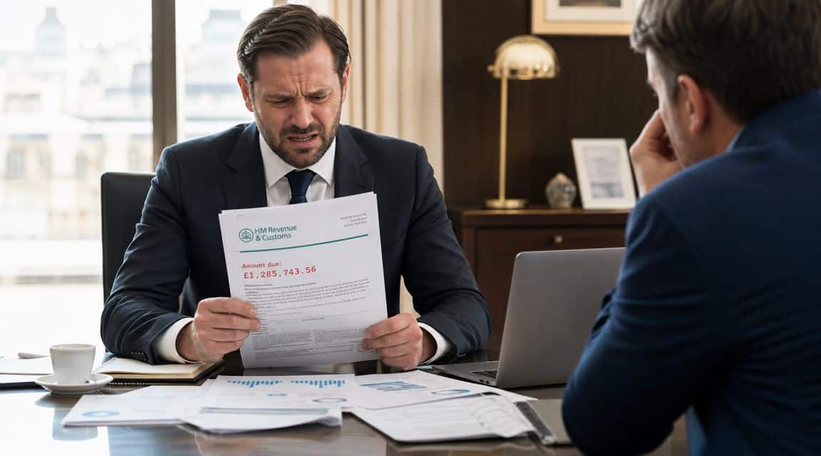 A concerned business man reviews a high tax bill alongside his professional partner at an office desk.