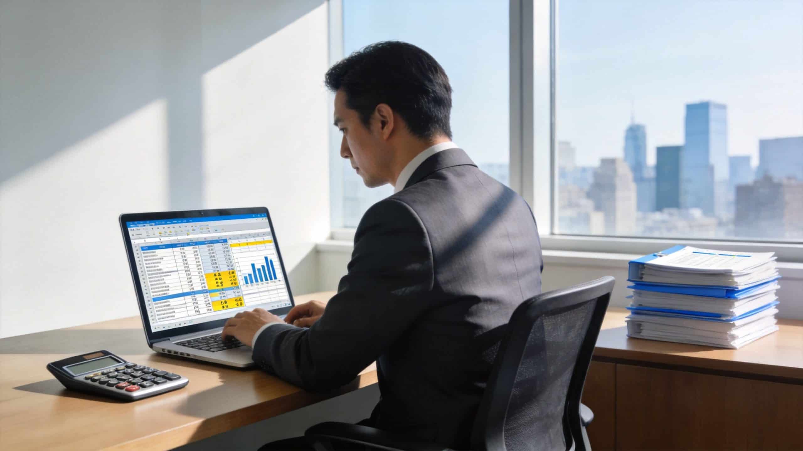A professional accountant reviewing financial data and spreadsheets on a laptop in a modern office with city views.