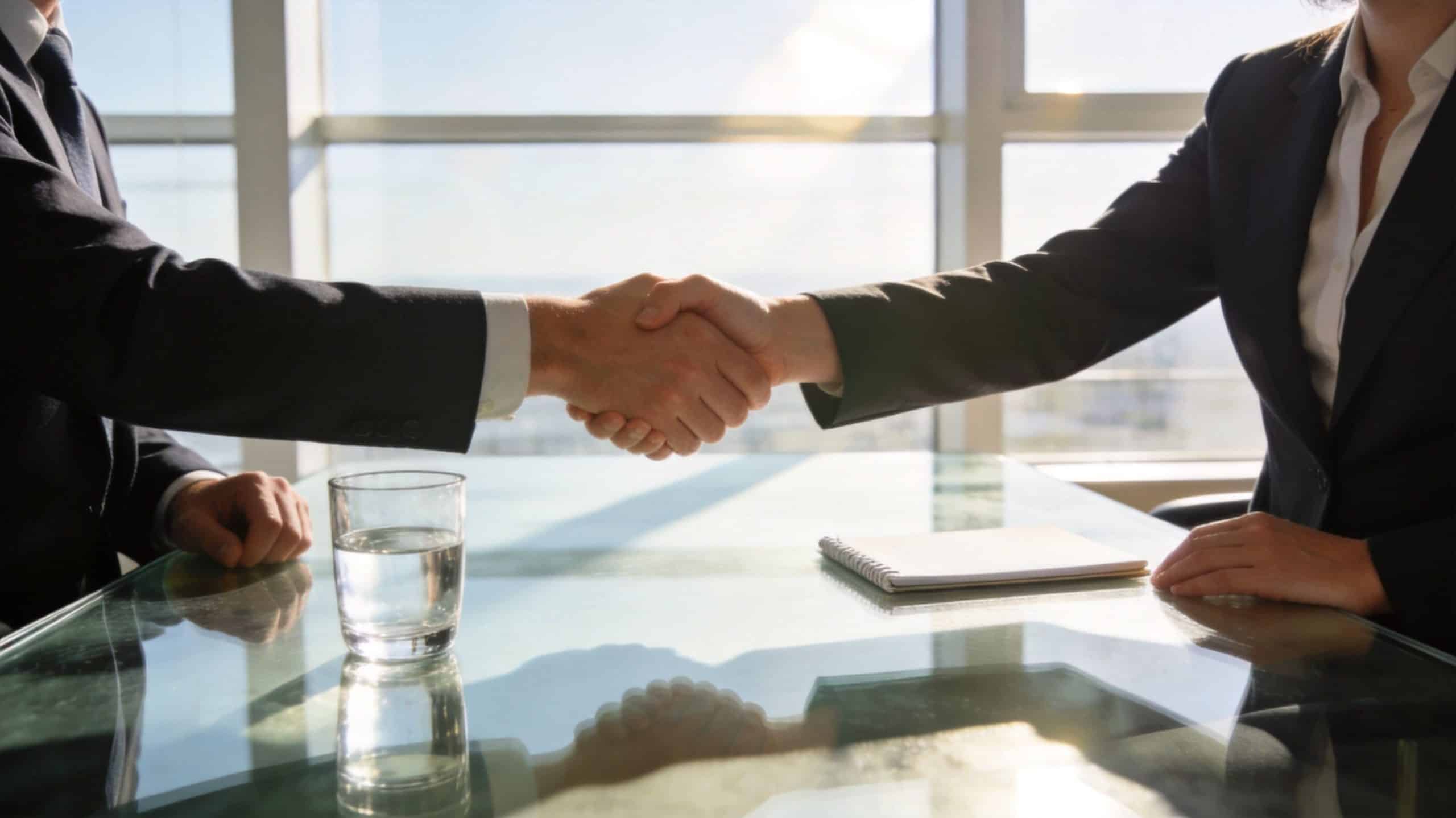 A professional man and woman in business attire shaking hands over a glass table in an office.