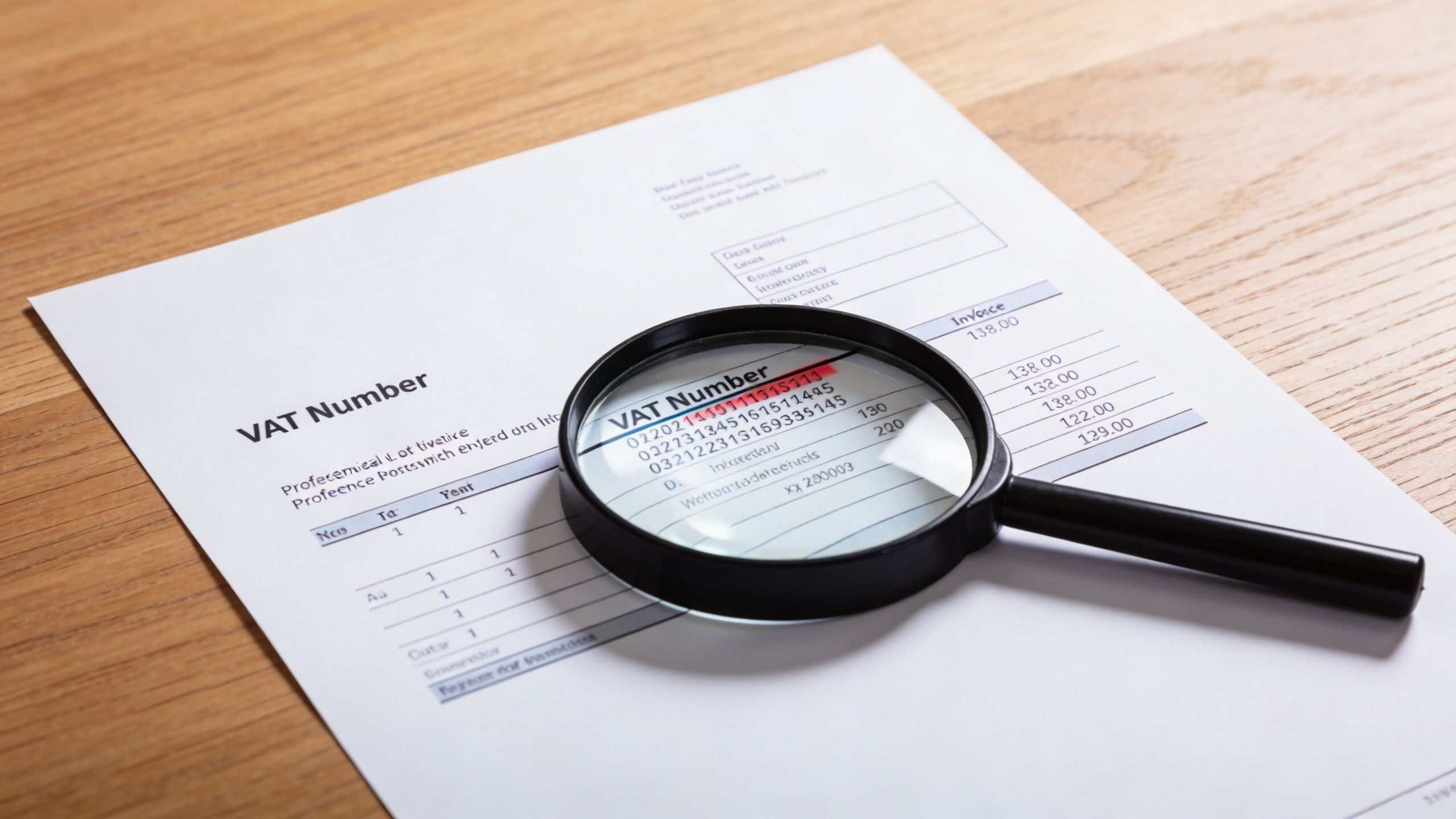 A magnifying glass placed over a VAT number on an official invoice document resting on a desk.