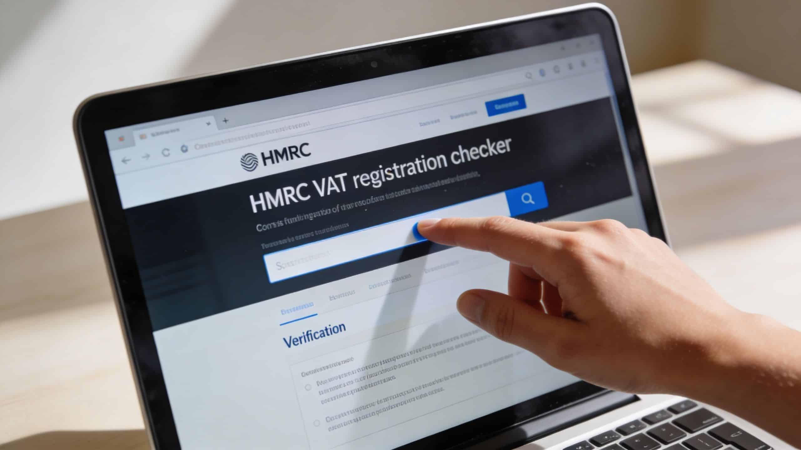 A close-up view of a person using a laptop to check an HMRC VAT registration number online.