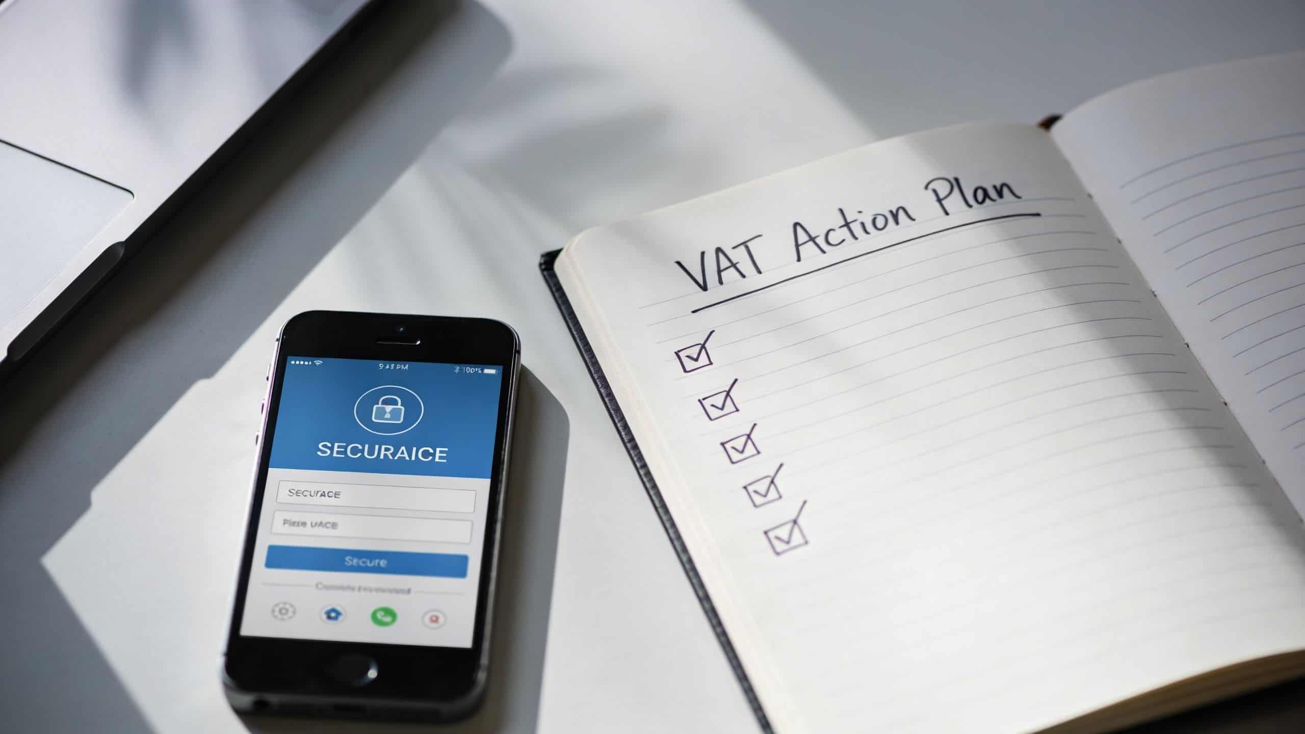A smartphone showing a security app next to a notebook with a VAT Action Plan checklist.
