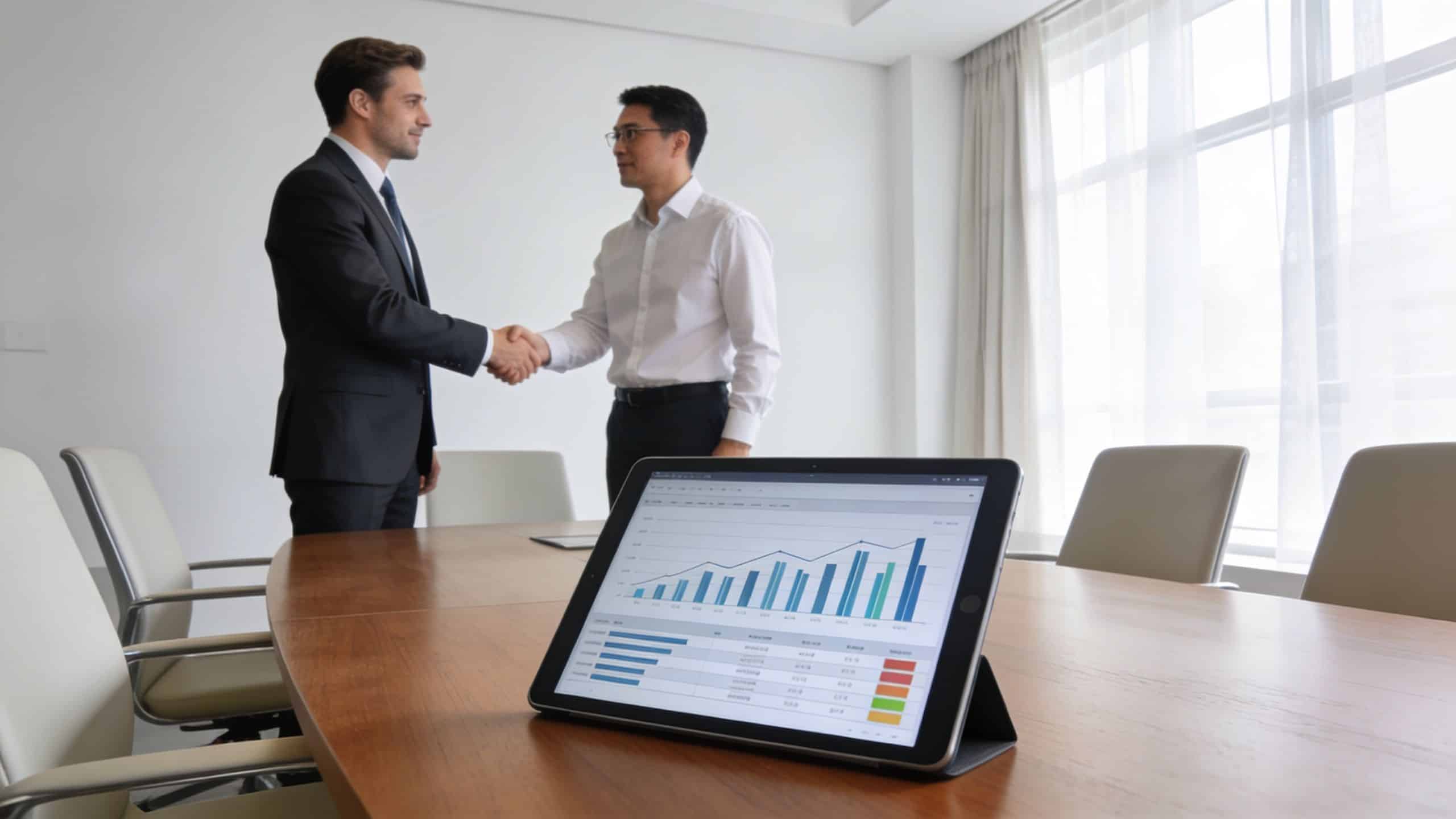Two professional business men shaking hands in a bright office meeting room with a chart on tablet.