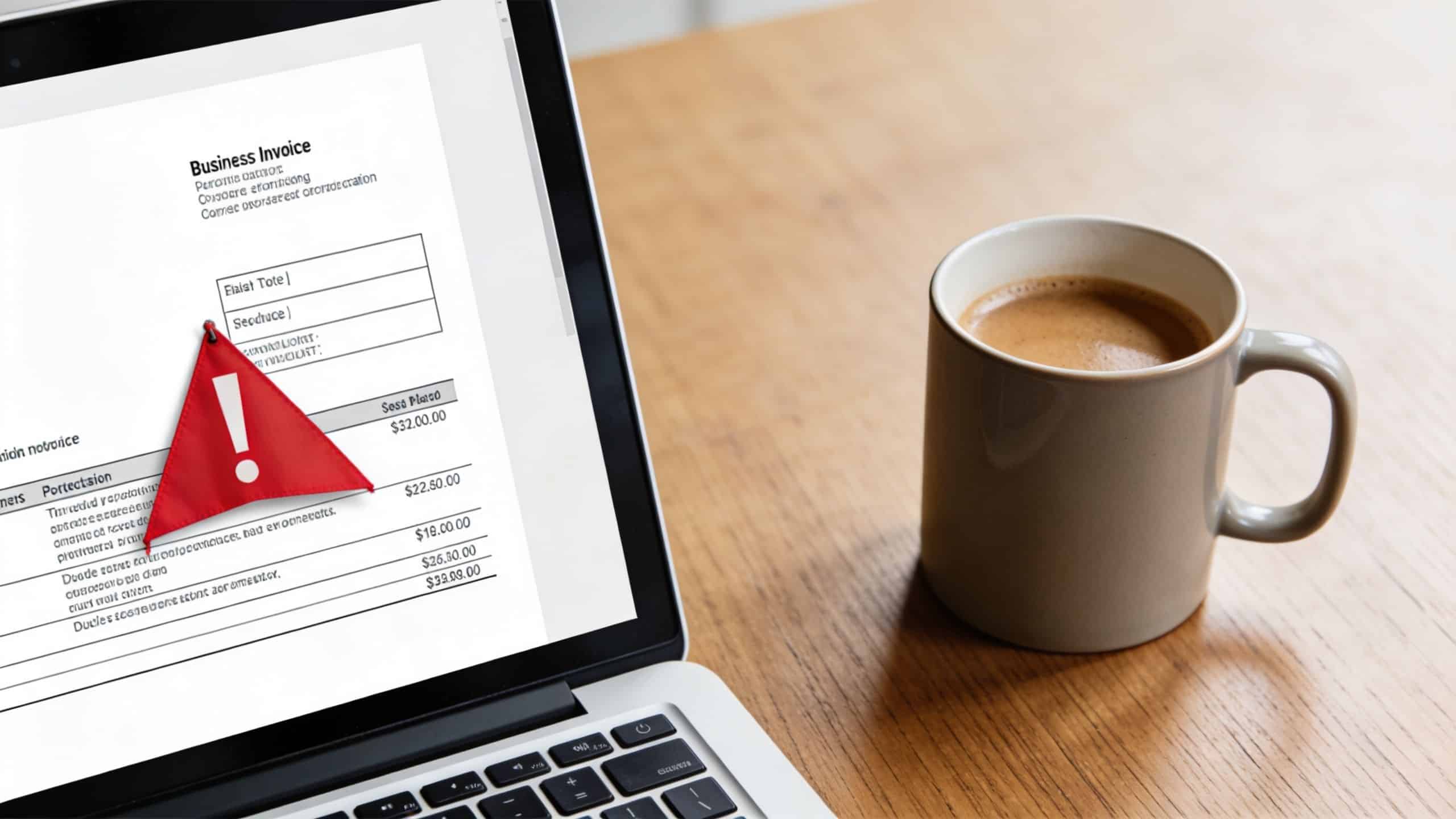 A laptop screen displaying a business invoice with a large red exclamation mark icon, beside a coffee mug.