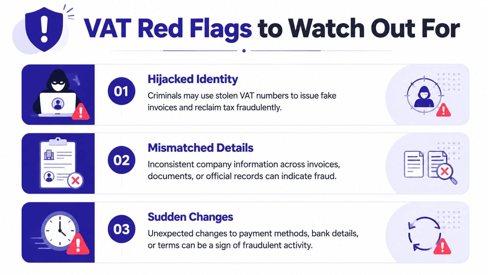 An infographic illustrating three common VAT red flags, including hijacked identity, mismatched details, and sudden changes.