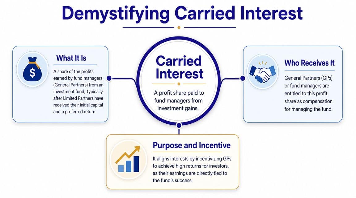 An infographic titled Demystifying Carried Interest explaining its definition, recipient, and the purpose of performance incentives.